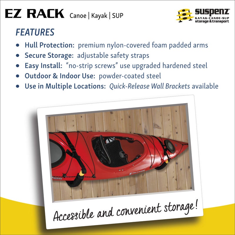 Suspenz EZ Kayak Storage Rack, Indoor & Outdoor Wall Mounts for Kayaks & SUP Paddle Boards, Powder-Coated Steel with Foam Pads & Safety Straps, Holds up to 125 lbs (12-9903) - Image 5